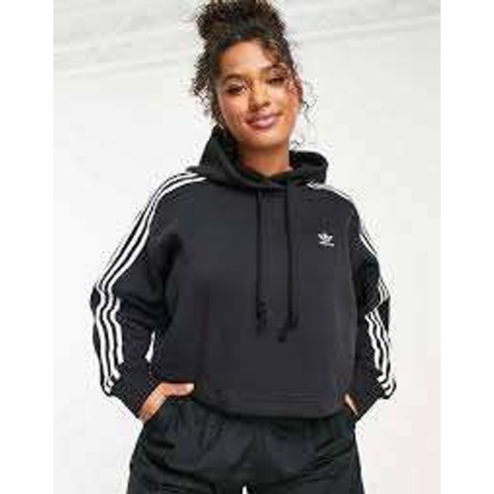 Adidas Originals Womens Cropped Hoodie Black White 3 Stripe Trefoil Logo Relaxed